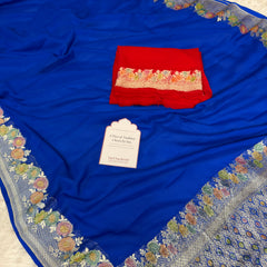 Royal Blue Pure Khaddi Chiffon Handloom Banarasi Saree