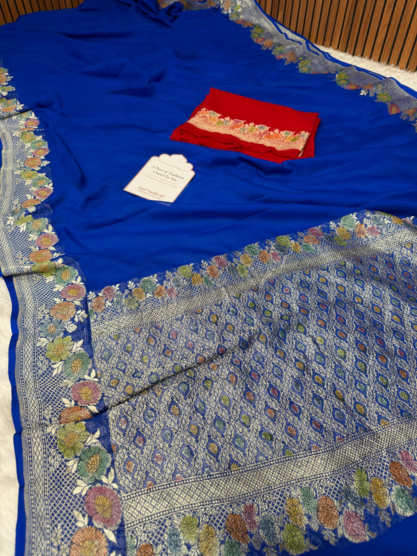 Royal Blue Pure Khaddi Chiffon Handloom Banarasi Saree
