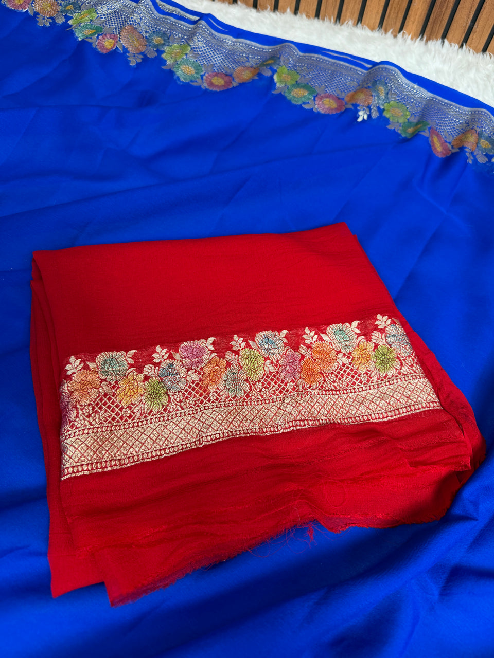 Royal Blue Pure Khaddi Chiffon Handloom Banarasi Saree