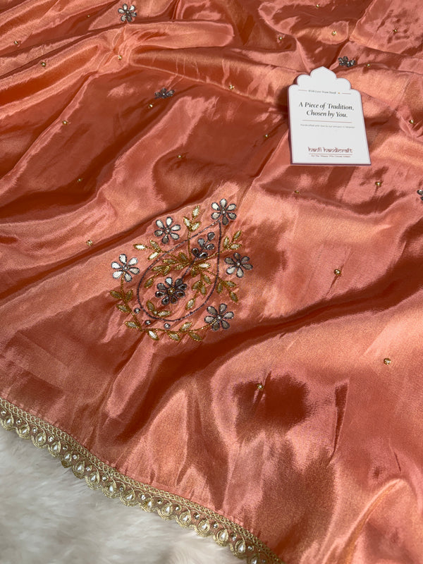 Peach Abroo Shimmery Tissue Zardozi Handwork Saree