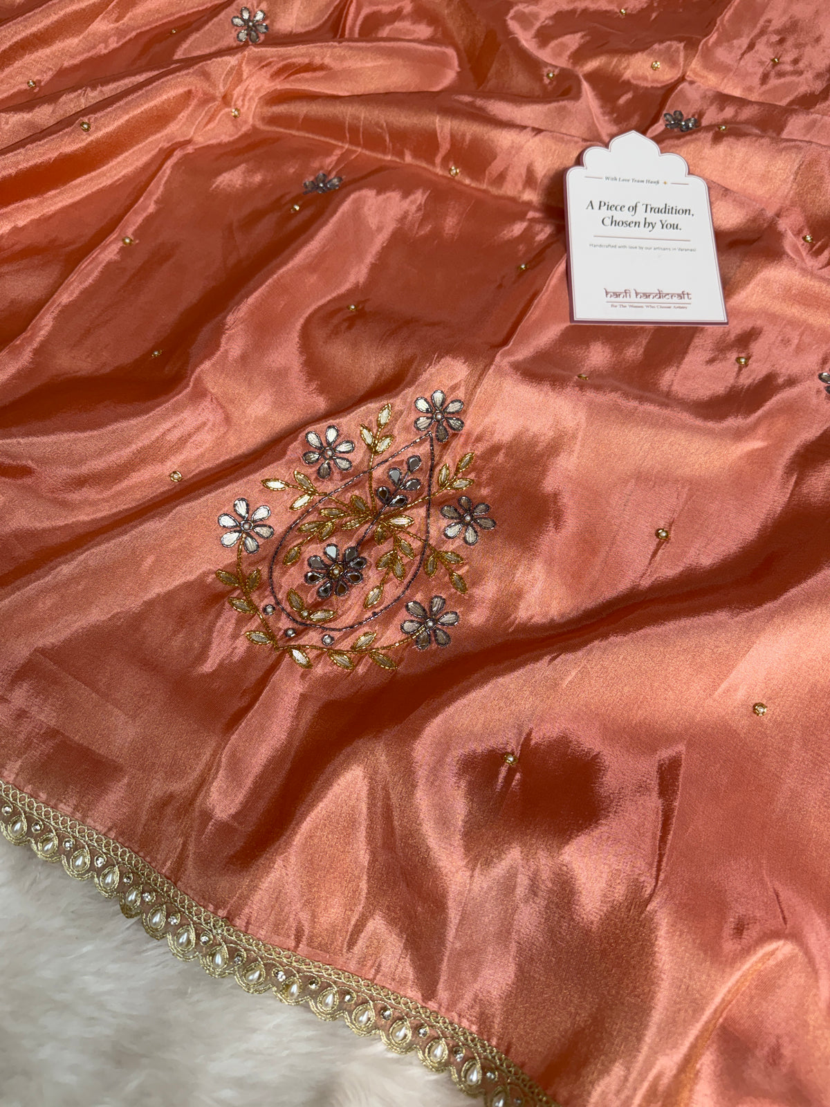 Peach Abroo Shimmery Tissue Zardozi Handwork Saree