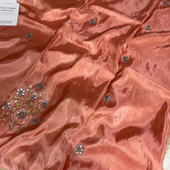 Peach Abroo Shimmery Tissue Zardozi Handwork Saree