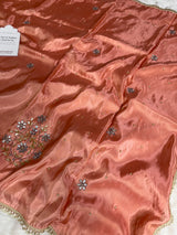 Peach Abroo Shimmery Tissue Zardozi Handwork Saree