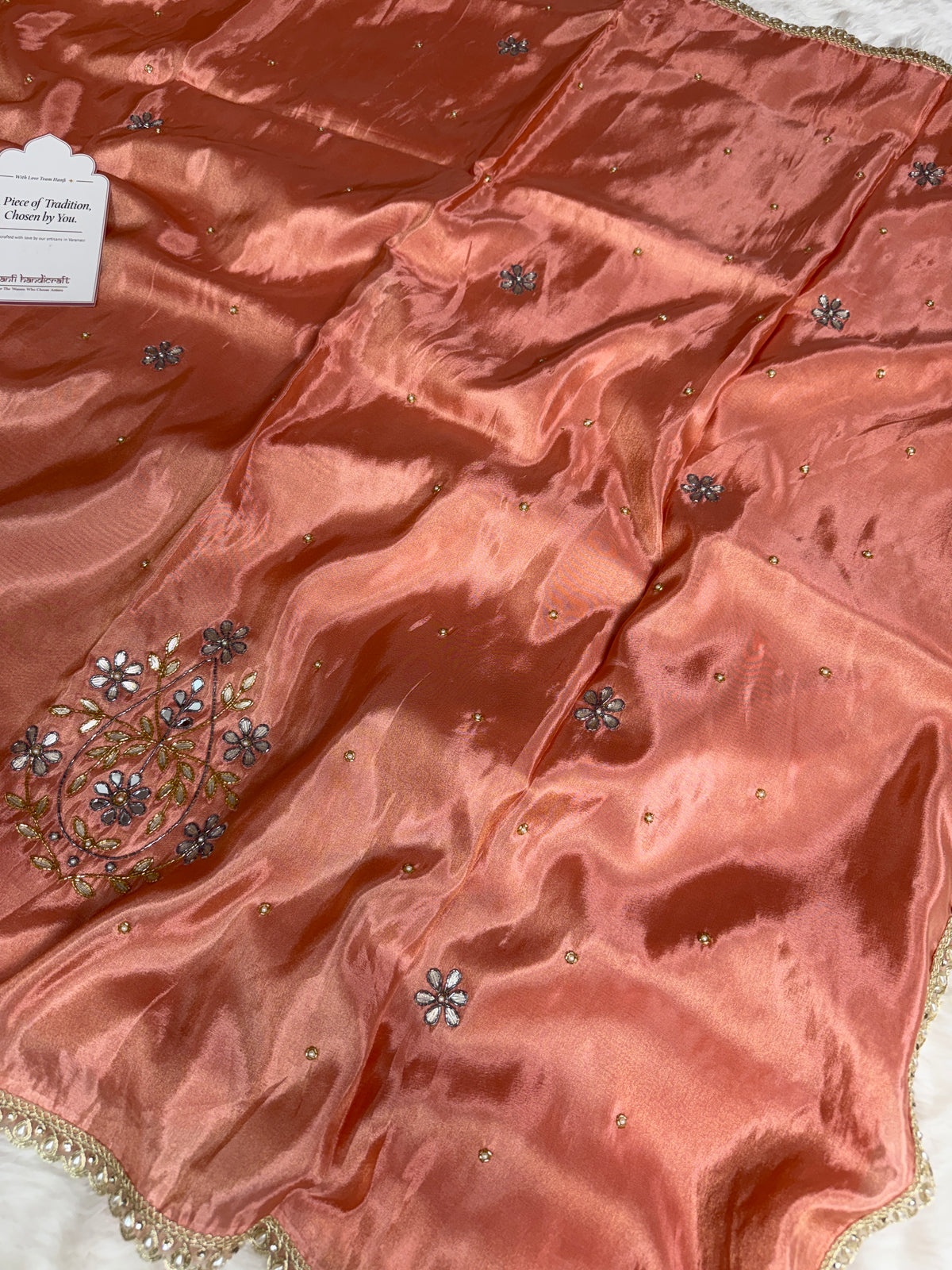Peach Abroo Shimmery Tissue Zardozi Handwork Saree