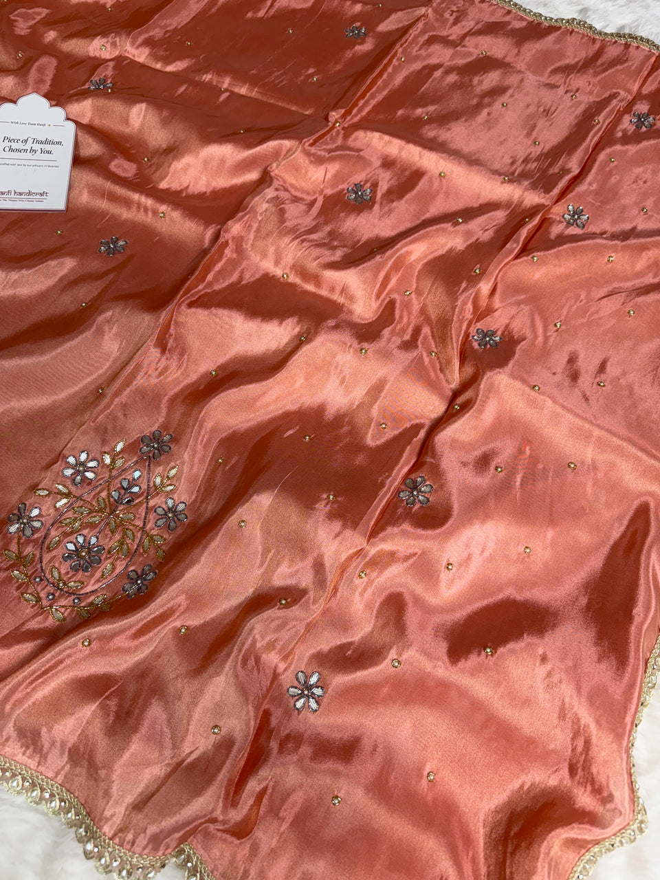 Peach Abroo Shimmery Tissue Zardozi Handwork Saree