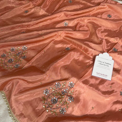 Peach Abroo Shimmery Tissue Zardozi Handwork Saree