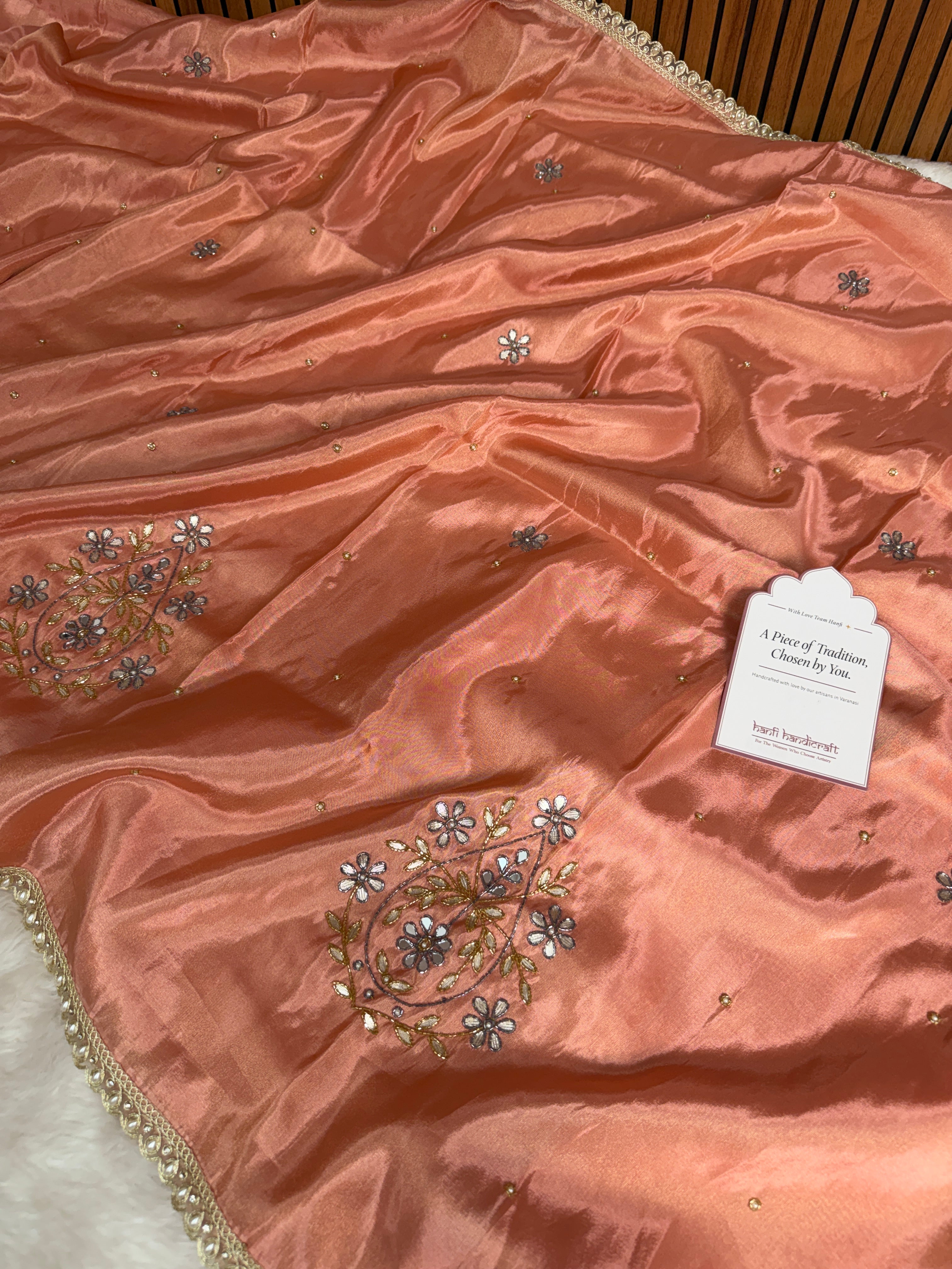 Peach Abroo Shimmery Tissue Zardozi Handwork Saree