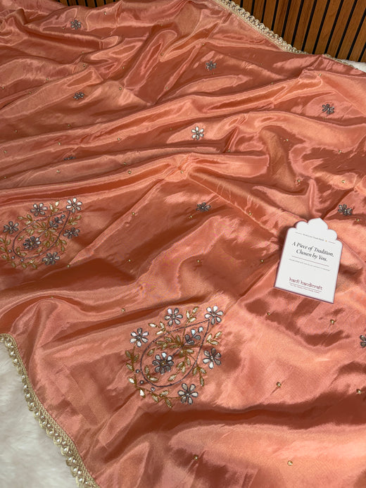 Peach Abroo Shimmery Tissue Zardozi Handwork Saree