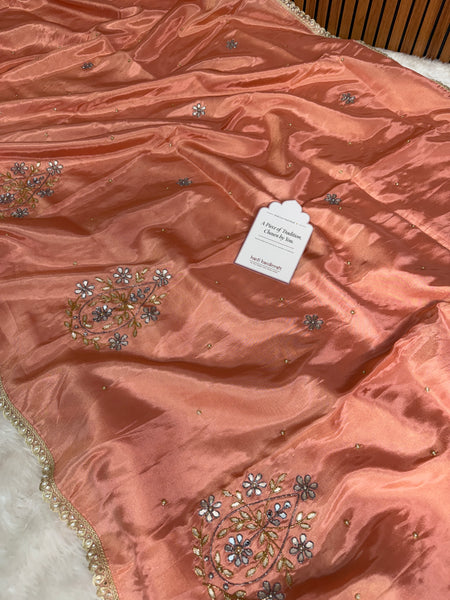 Peach Abroo Shimmery Tissue Zardozi Handwork Saree