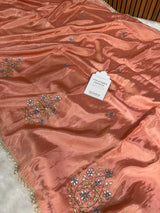 Peach Abroo Shimmery Tissue Zardozi Handwork Saree