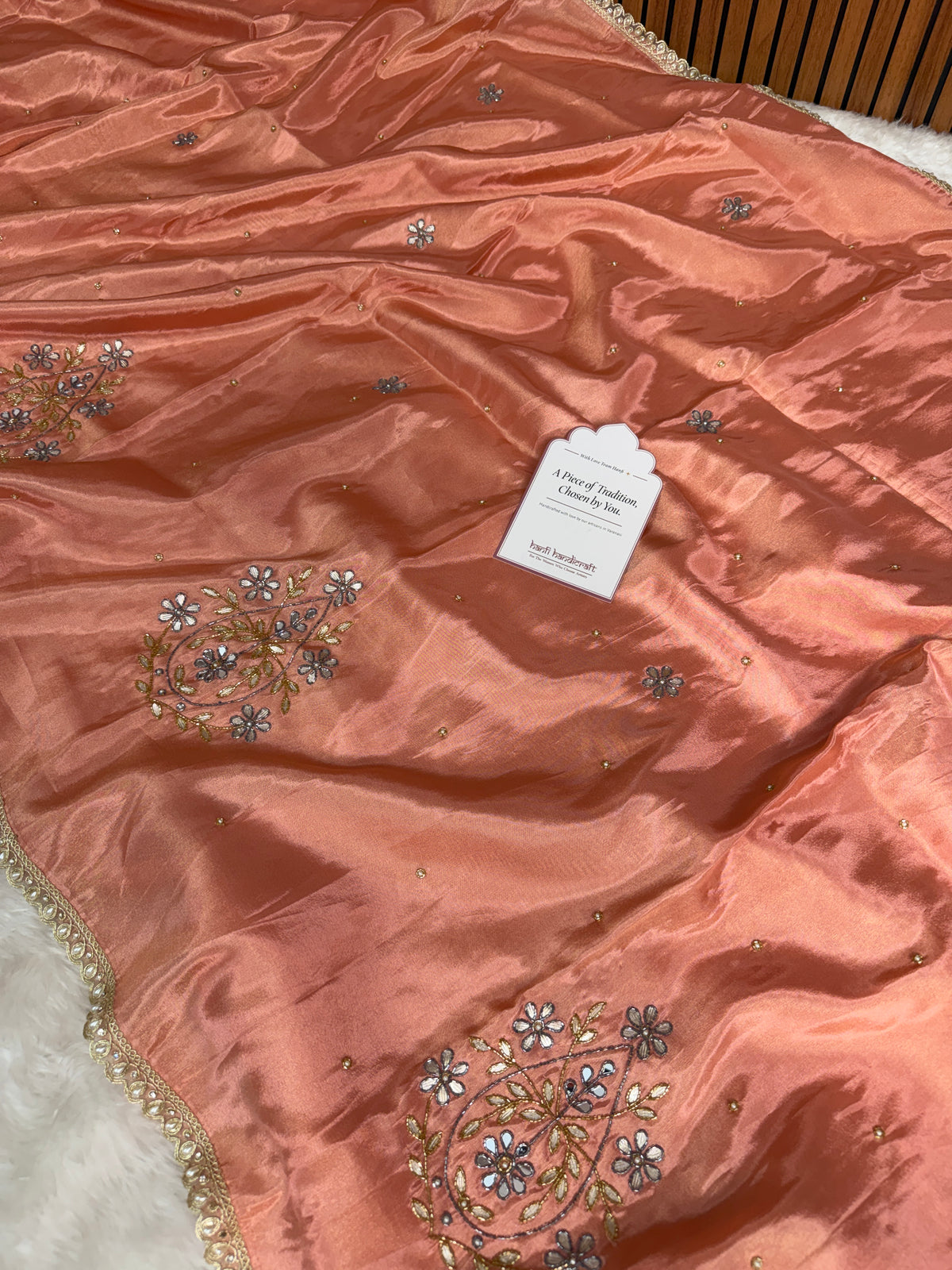 Peach Abroo Shimmery Tissue Zardozi Handwork Saree