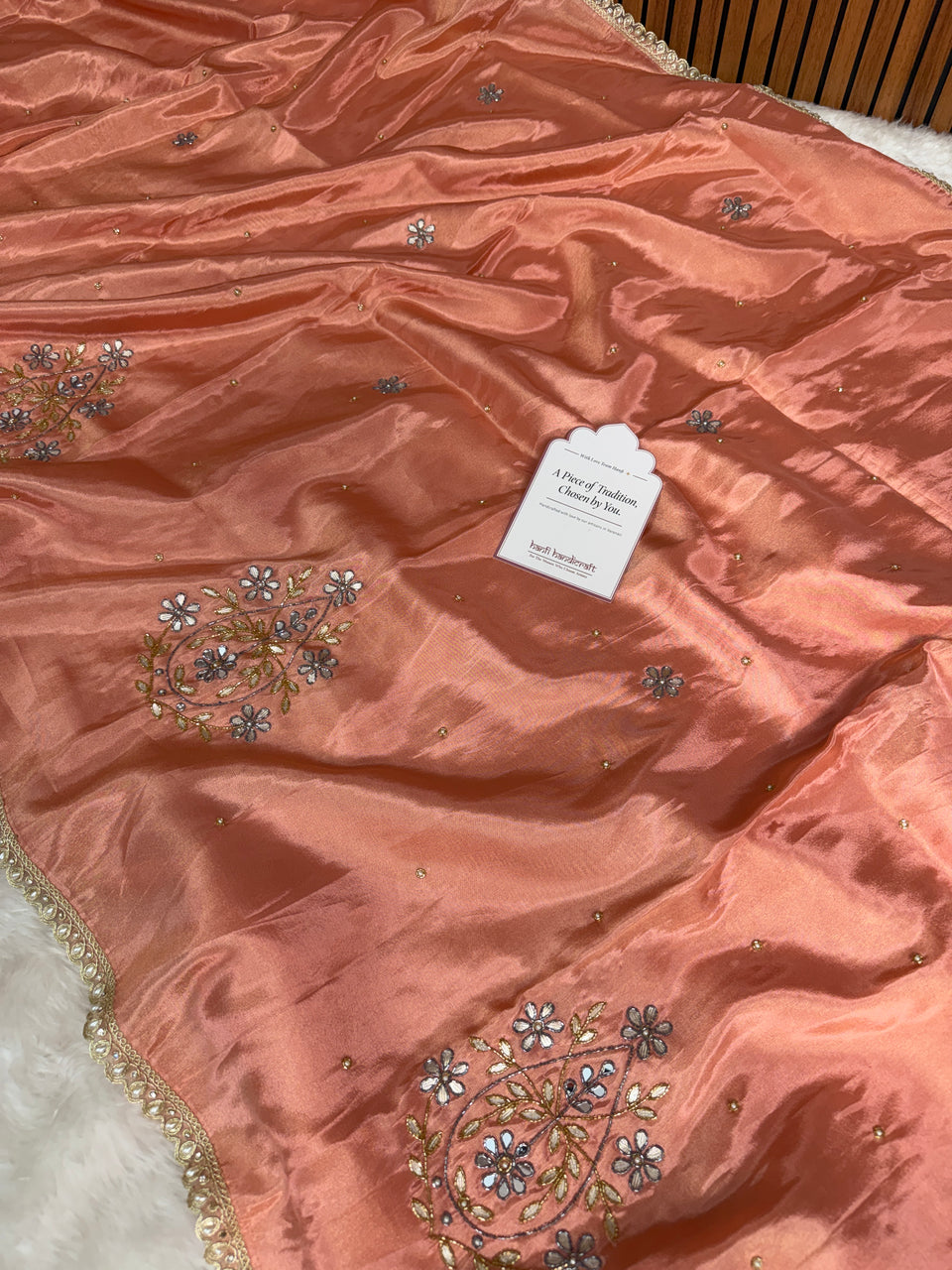 Peach Abroo Shimmery Tissue Zardozi Handwork Saree