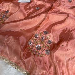 Peach Abroo Shimmery Tissue Zardozi Handwork Saree