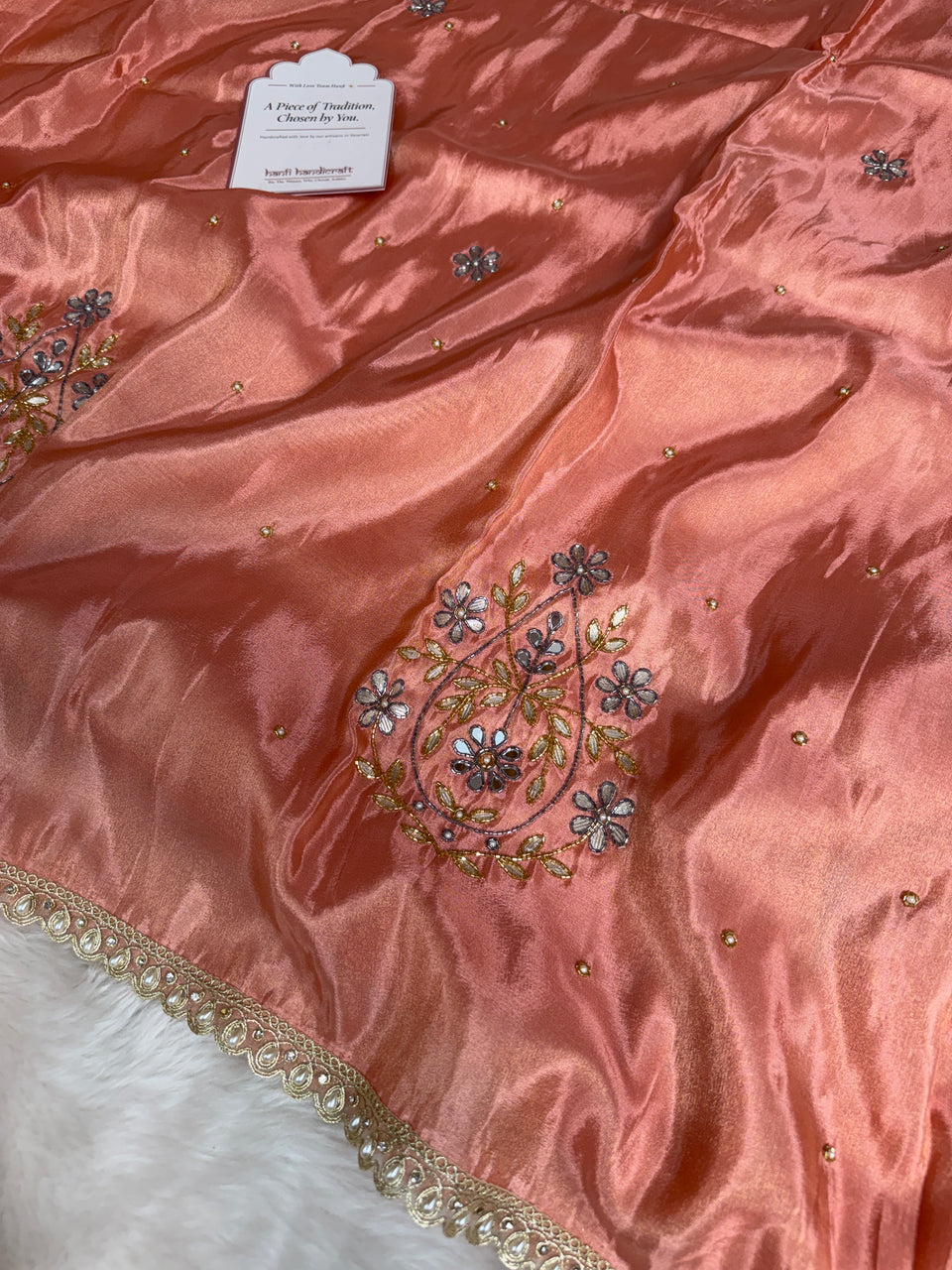 Peach Abroo Shimmery Tissue Zardozi Handwork Saree