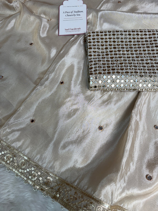 Ivory Abroo Shimmery Tissue Handwork Saree | Mirror Buti