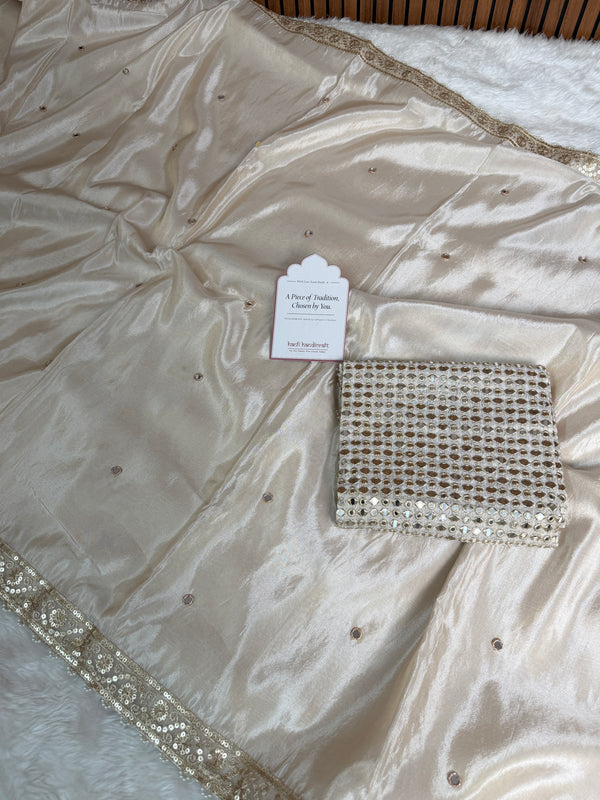 Ivory Abroo Shimmery Tissue Handwork Saree | Mirror Buti