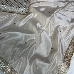 Ivory Abroo Shimmery Tissue Handwork Saree | Mirror Buti