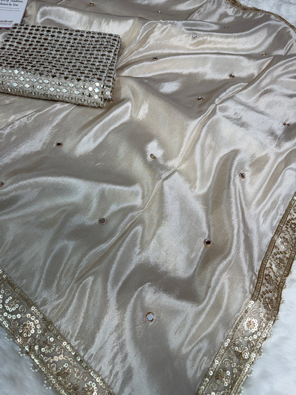 Ivory Abroo Shimmery Tissue Handwork Saree | Mirror Buti