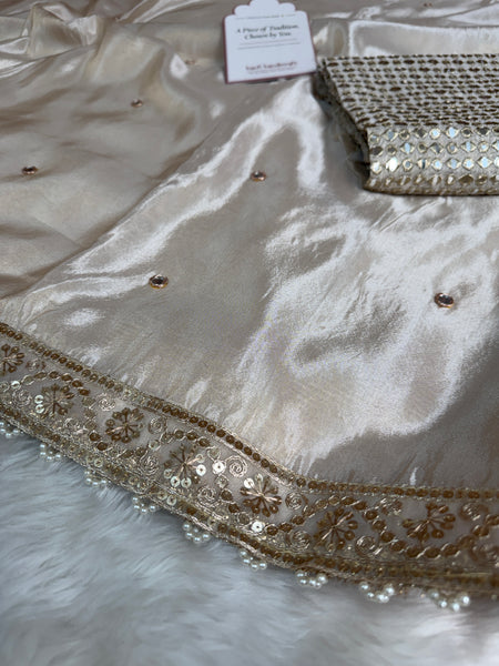 Ivory Abroo Shimmery Tissue Handwork Saree | Mirror Buti