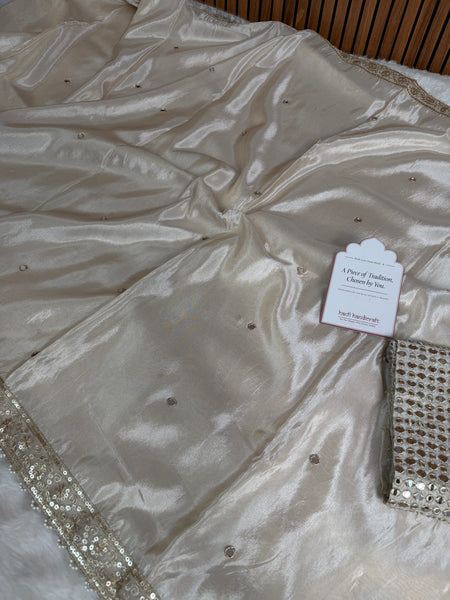 Ivory Abroo Shimmery Tissue Handwork Saree | Mirror Buti