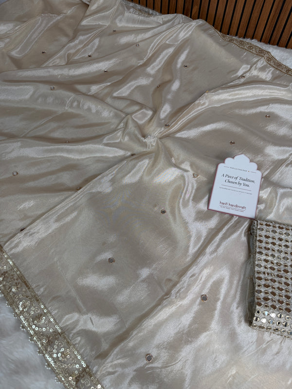 Ivory Abroo Shimmery Tissue Handwork Saree | Mirror Buti