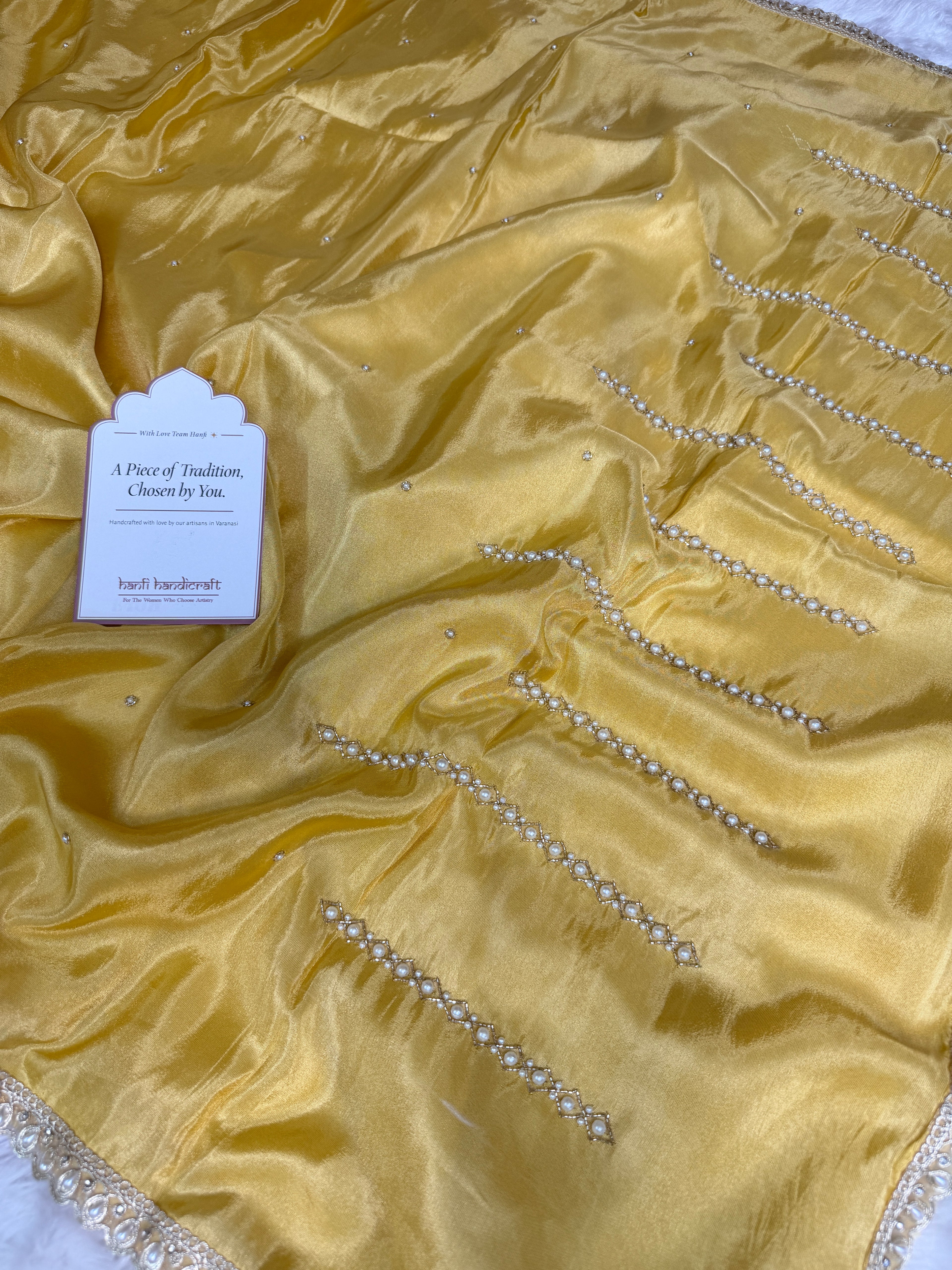 Yellow Abroo Shimmery Tissue Handwork Saree | Pearl Zardozi Pallu