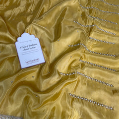 Yellow Abroo Shimmery Tissue Handwork Saree | Pearl Zardozi Pallu
