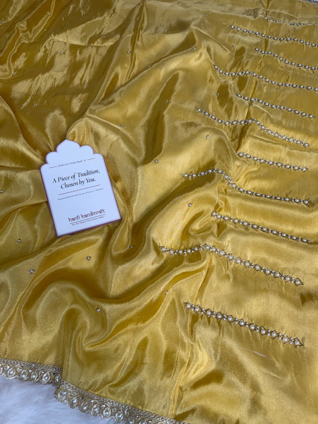 Yellow Abroo Shimmery Tissue Handwork Saree | Pearl Zardozi Pallu