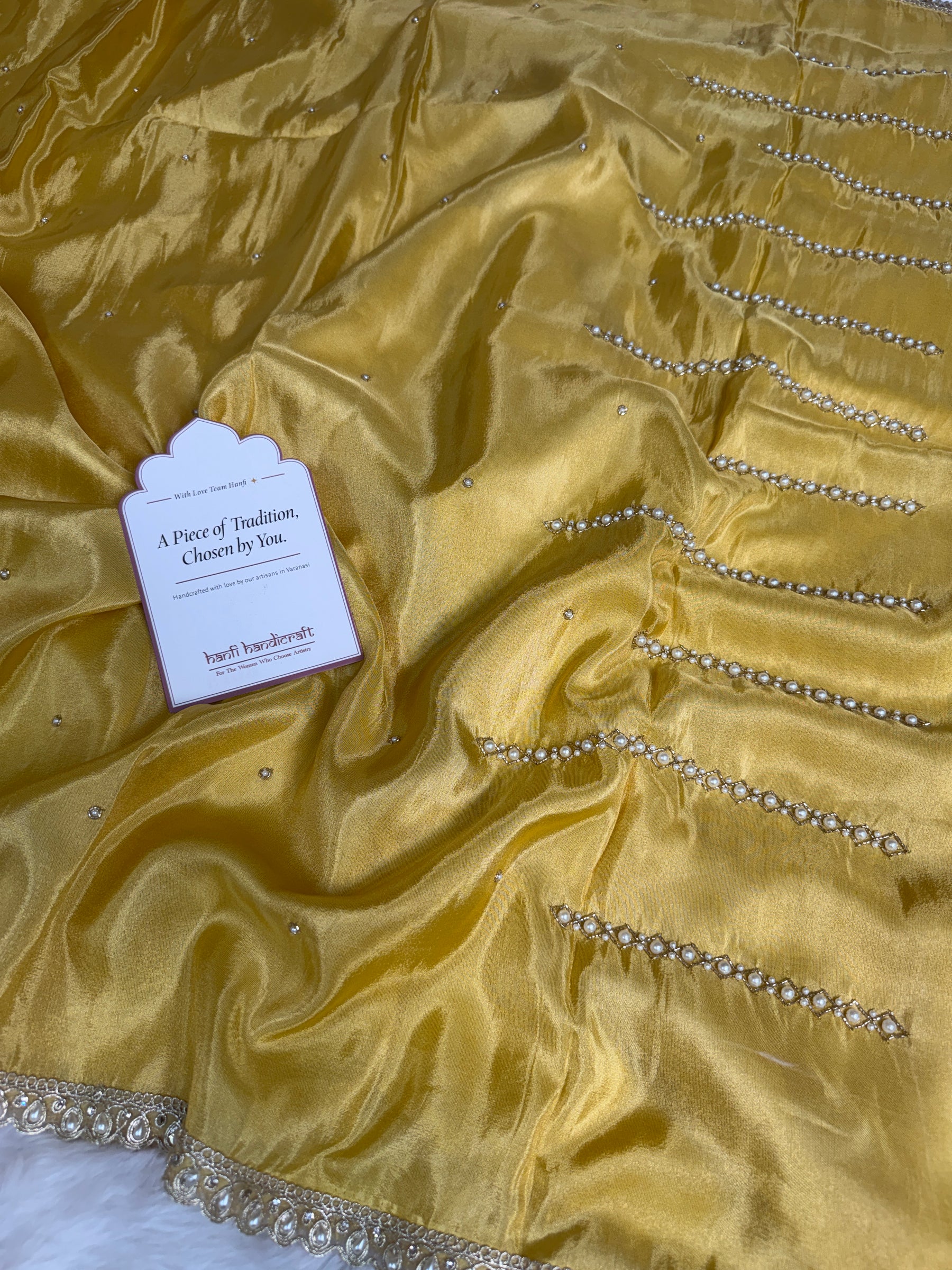 Yellow Abroo Shimmery Tissue Handwork Saree | Pearl Zardozi Pallu