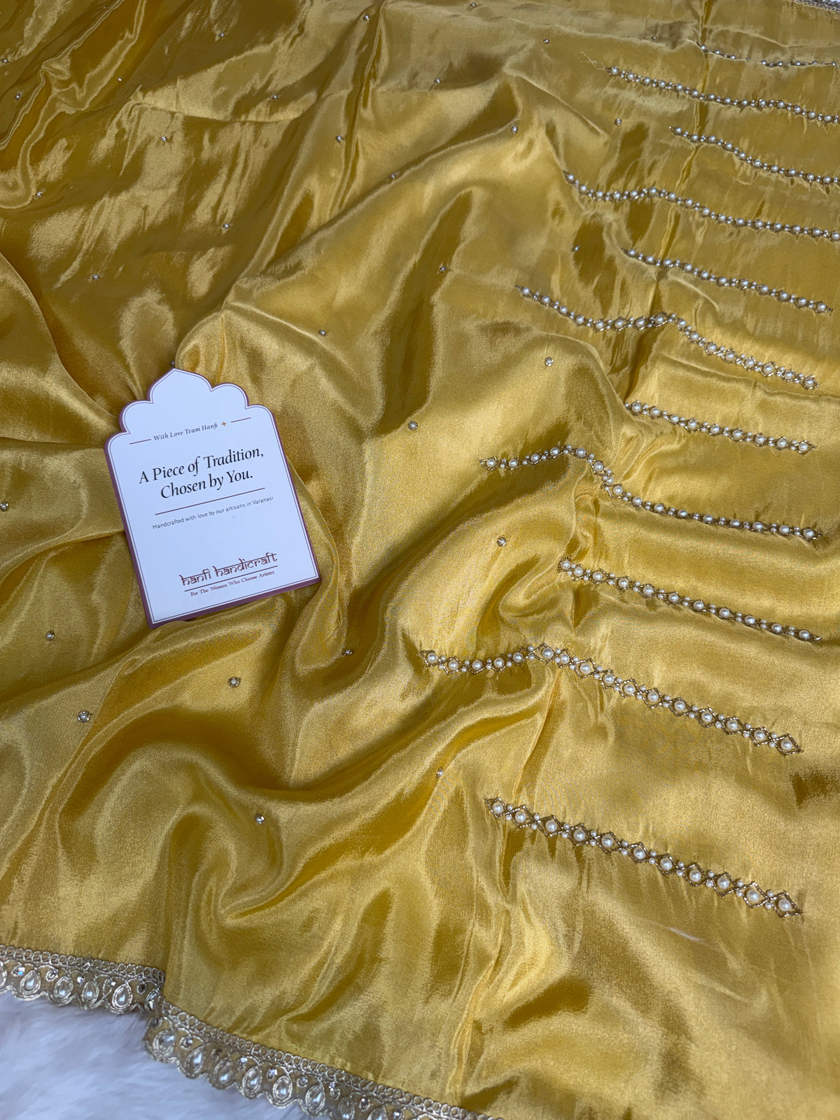 Yellow Abroo Shimmery Tissue Handwork Saree | Pearl Zardozi Pallu