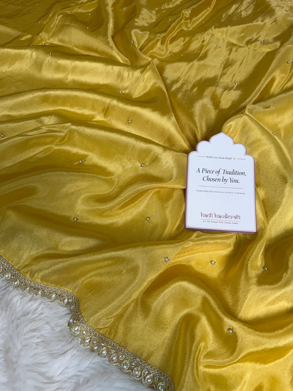 Yellow Abroo Shimmery Tissue Handwork Saree | Pearl Zardozi Pallu