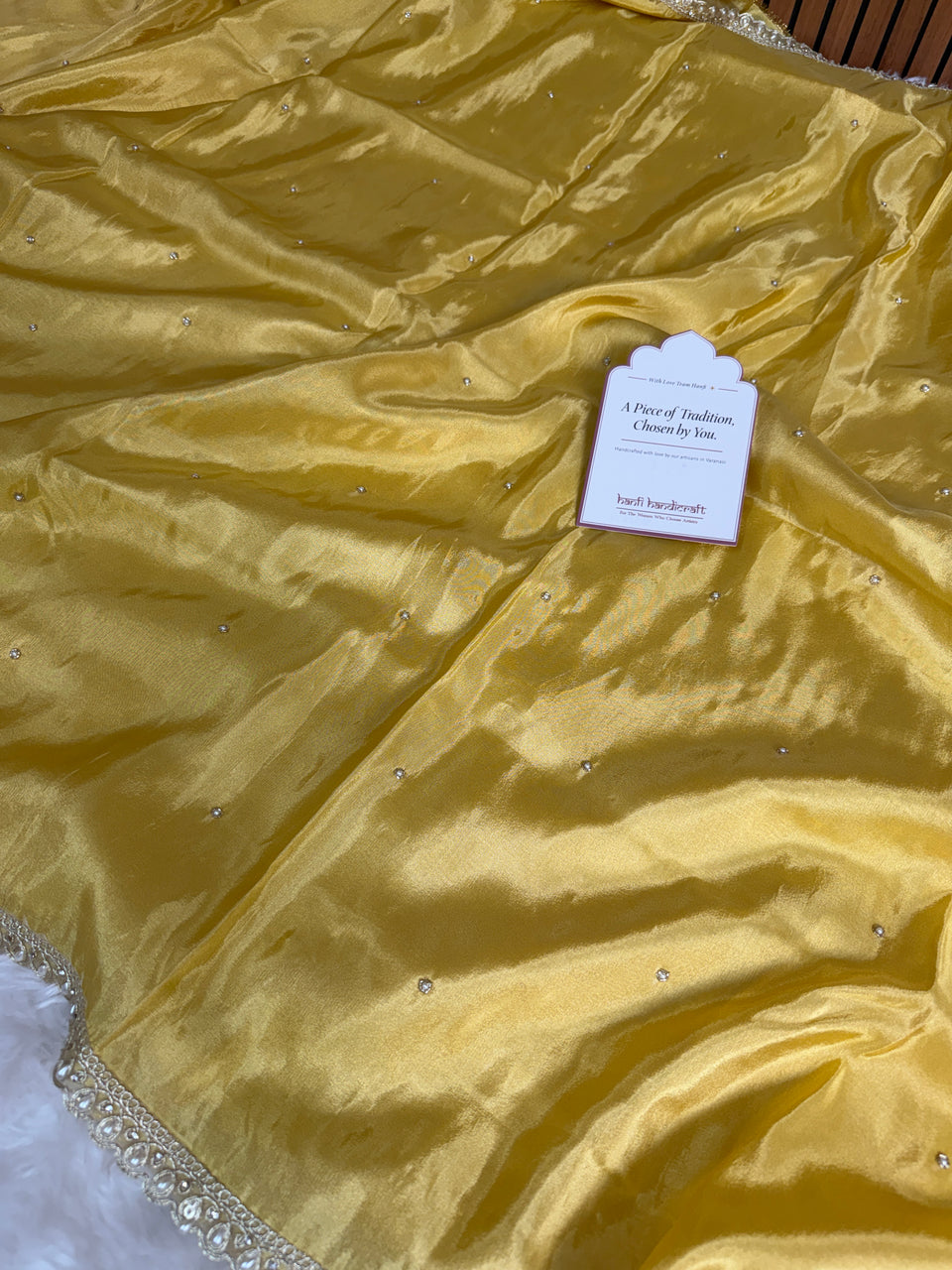 Yellow Abroo Shimmery Tissue Handwork Saree | Pearl Zardozi Pallu