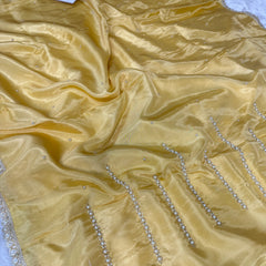 Yellow Abroo Shimmery Tissue Handwork Saree | Pearl Zardozi Pallu