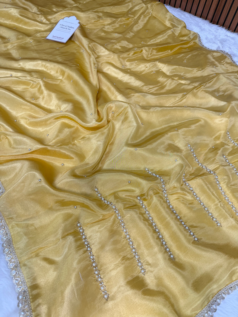 Yellow Abroo Shimmery Tissue Handwork Saree | Pearl Zardozi Pallu