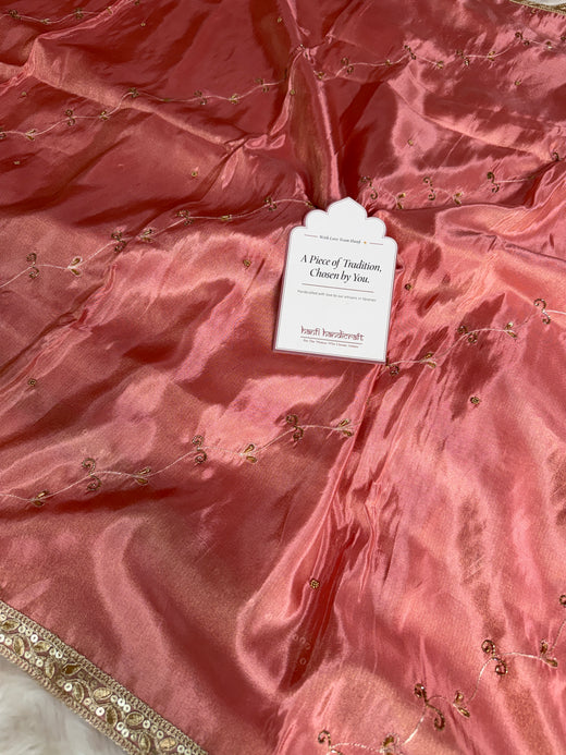 Strawberry Abroo Shimmery Tissue Handwork Saree