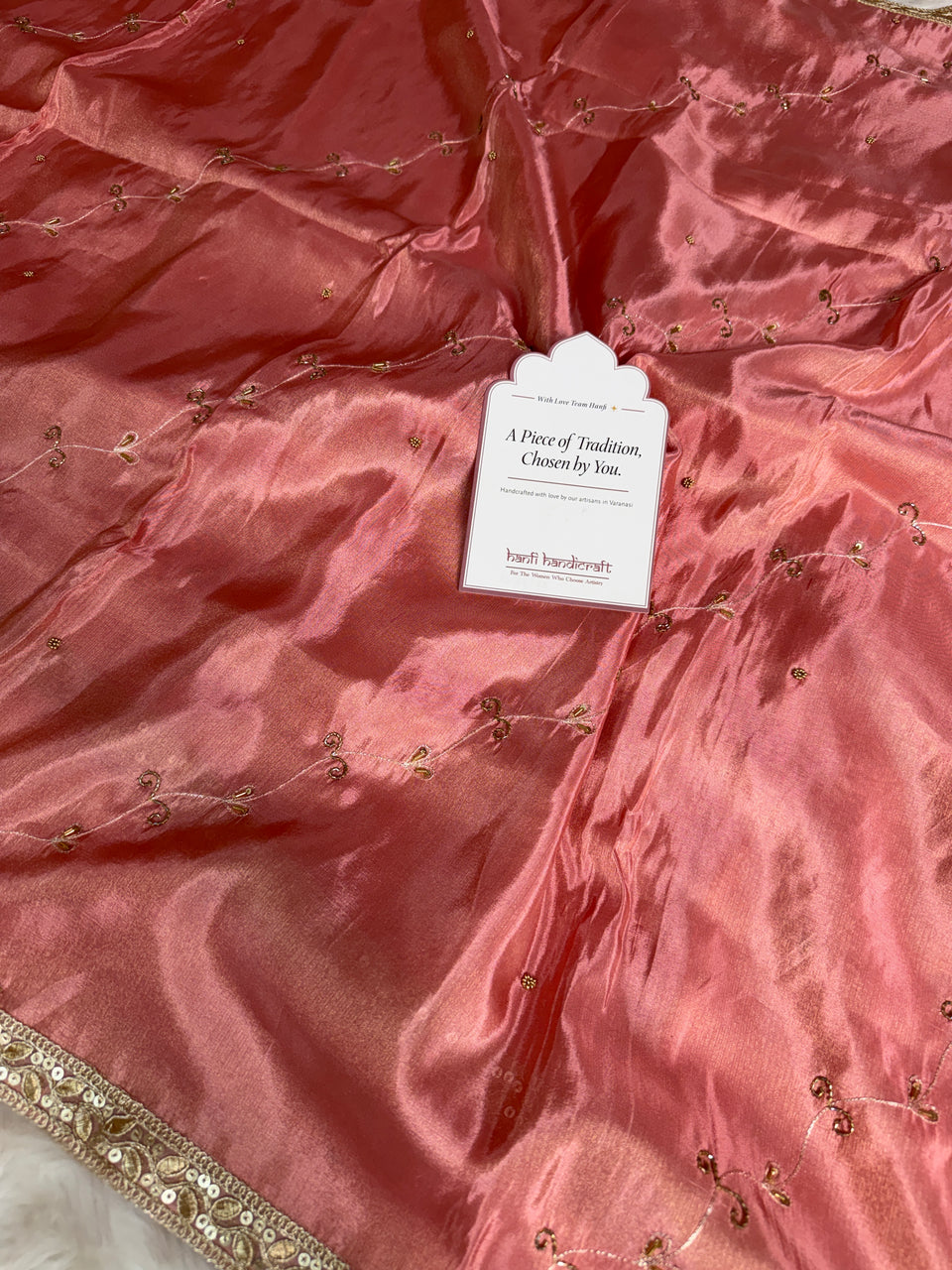 Strawberry Abroo Shimmery Tissue Handwork Saree