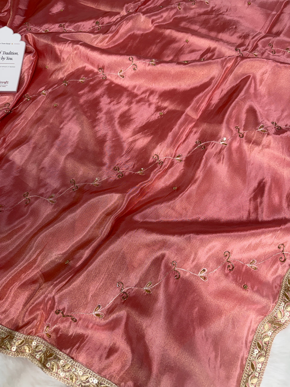 Strawberry Abroo Shimmery Tissue Handwork Saree