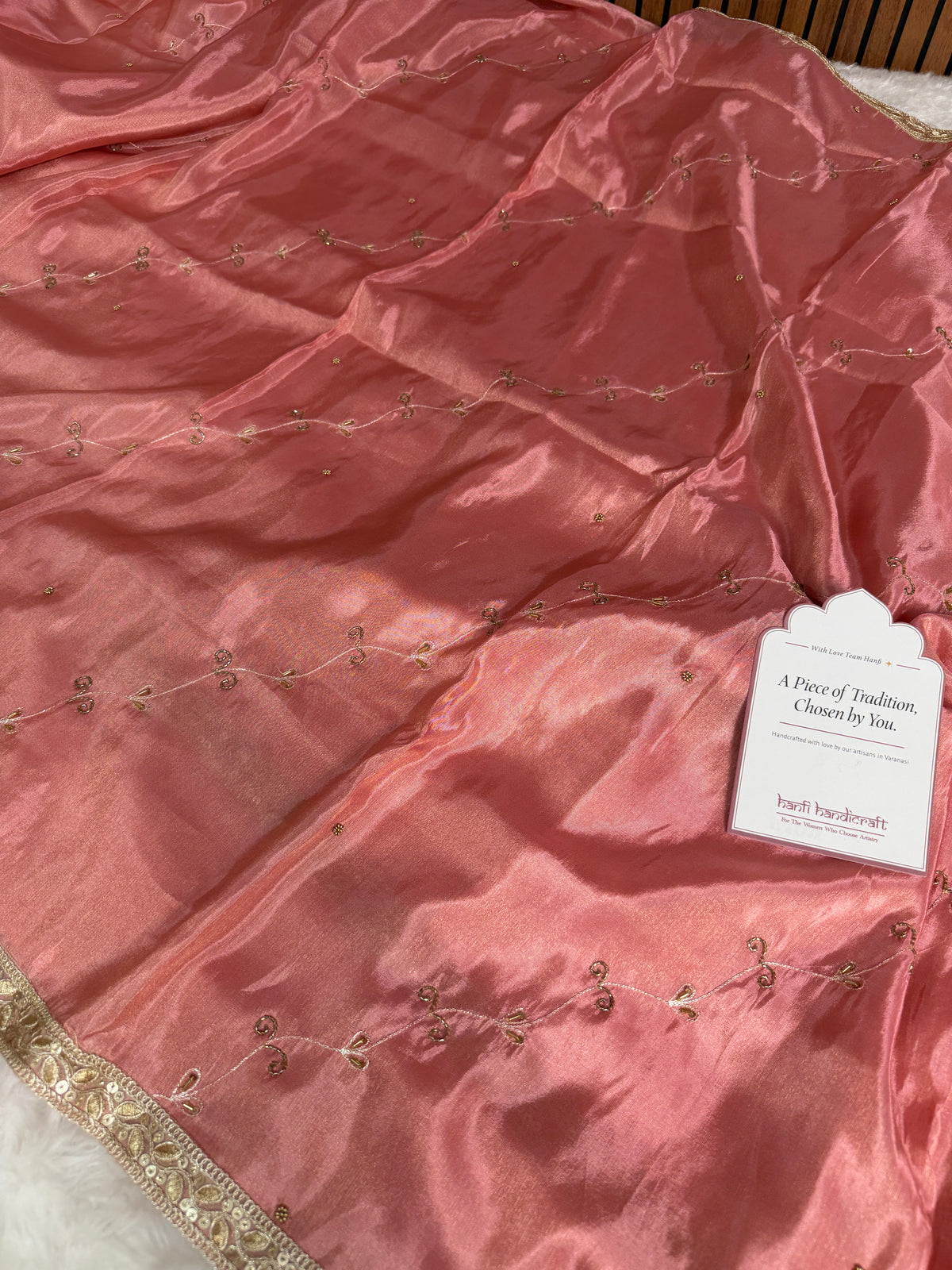 Strawberry Abroo Shimmery Tissue Handwork Saree