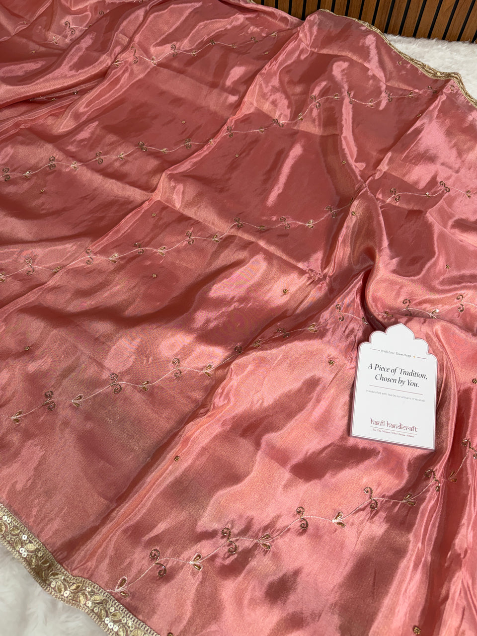 Strawberry Abroo Shimmery Tissue Handwork Saree