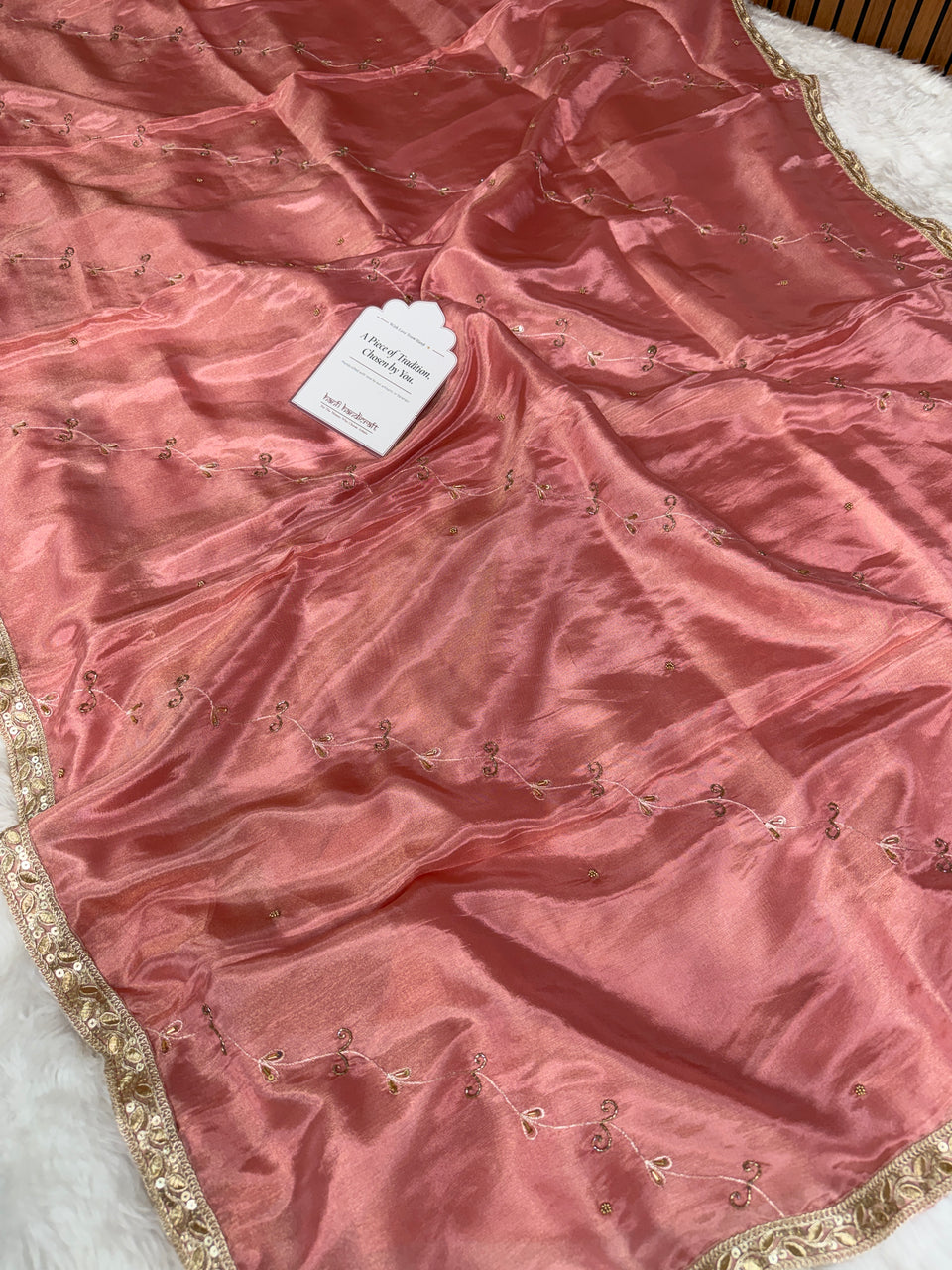 Strawberry Abroo Shimmery Tissue Handwork Saree