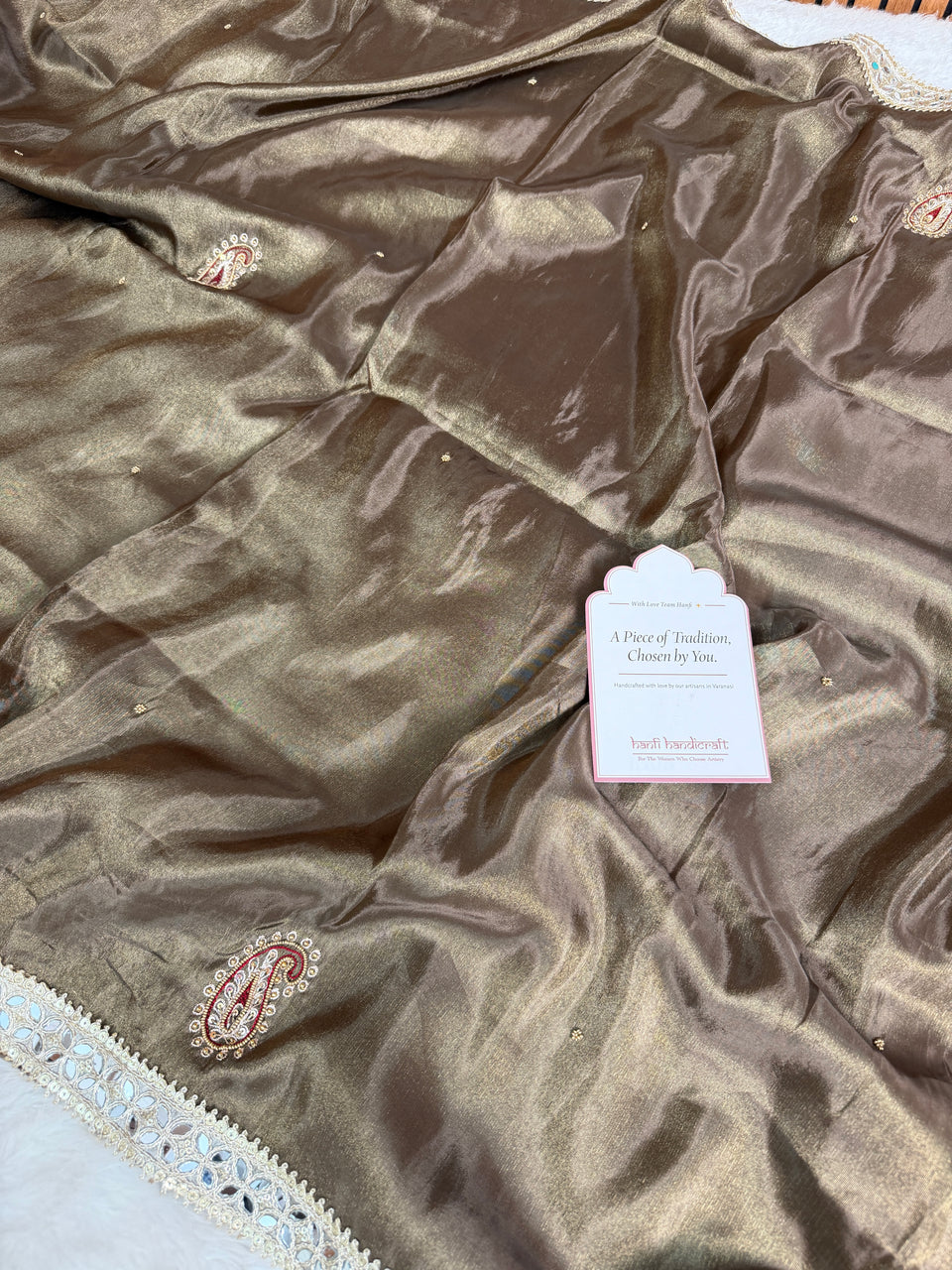 Garnet Brown Abroo Shimmery Tissue Handwork Saree | Carry Pattern