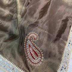 Garnet Brown Abroo Shimmery Tissue Handwork Saree | Carry Pattern