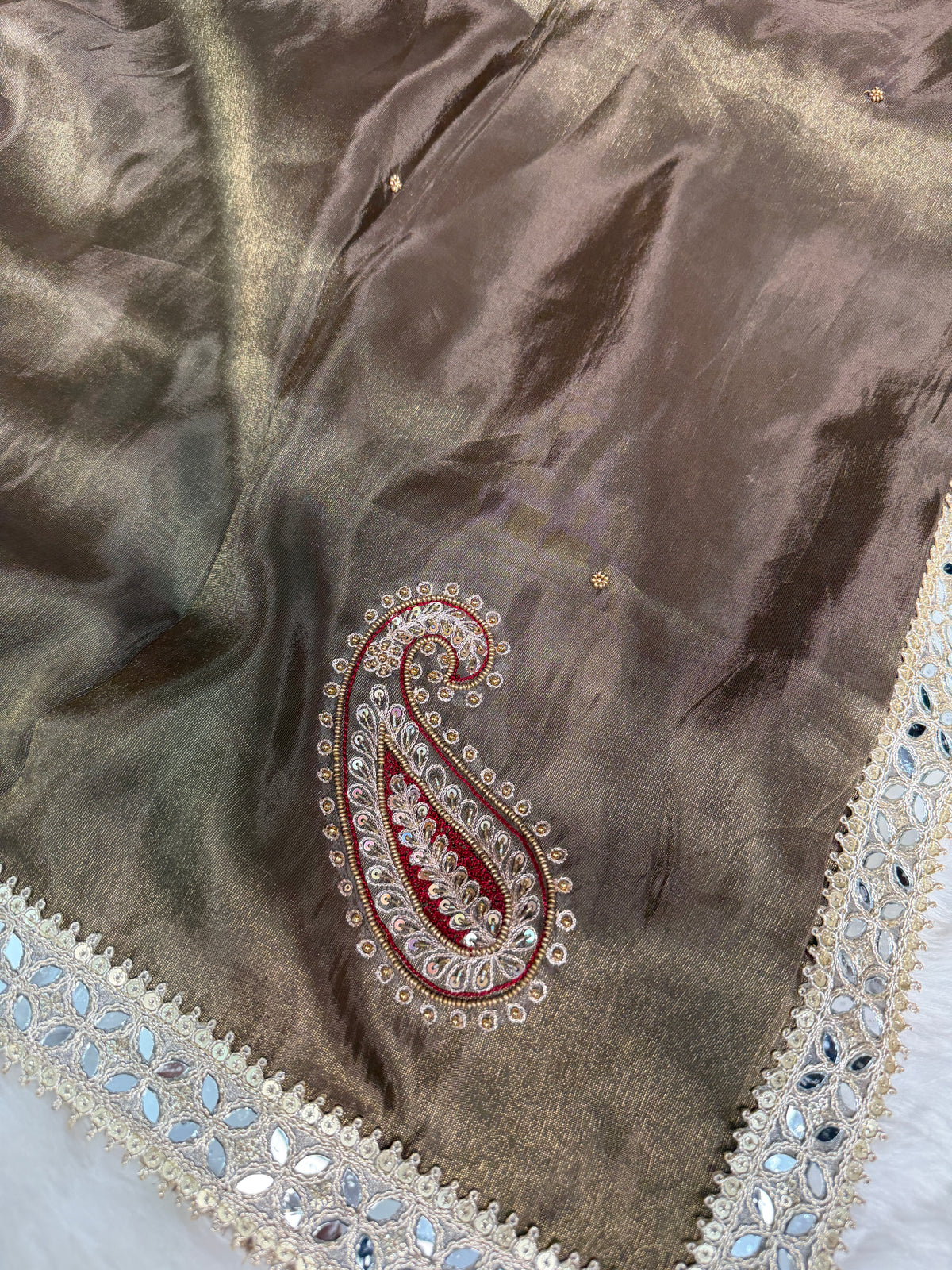Garnet Brown Abroo Shimmery Tissue Handwork Saree | Carry Pattern