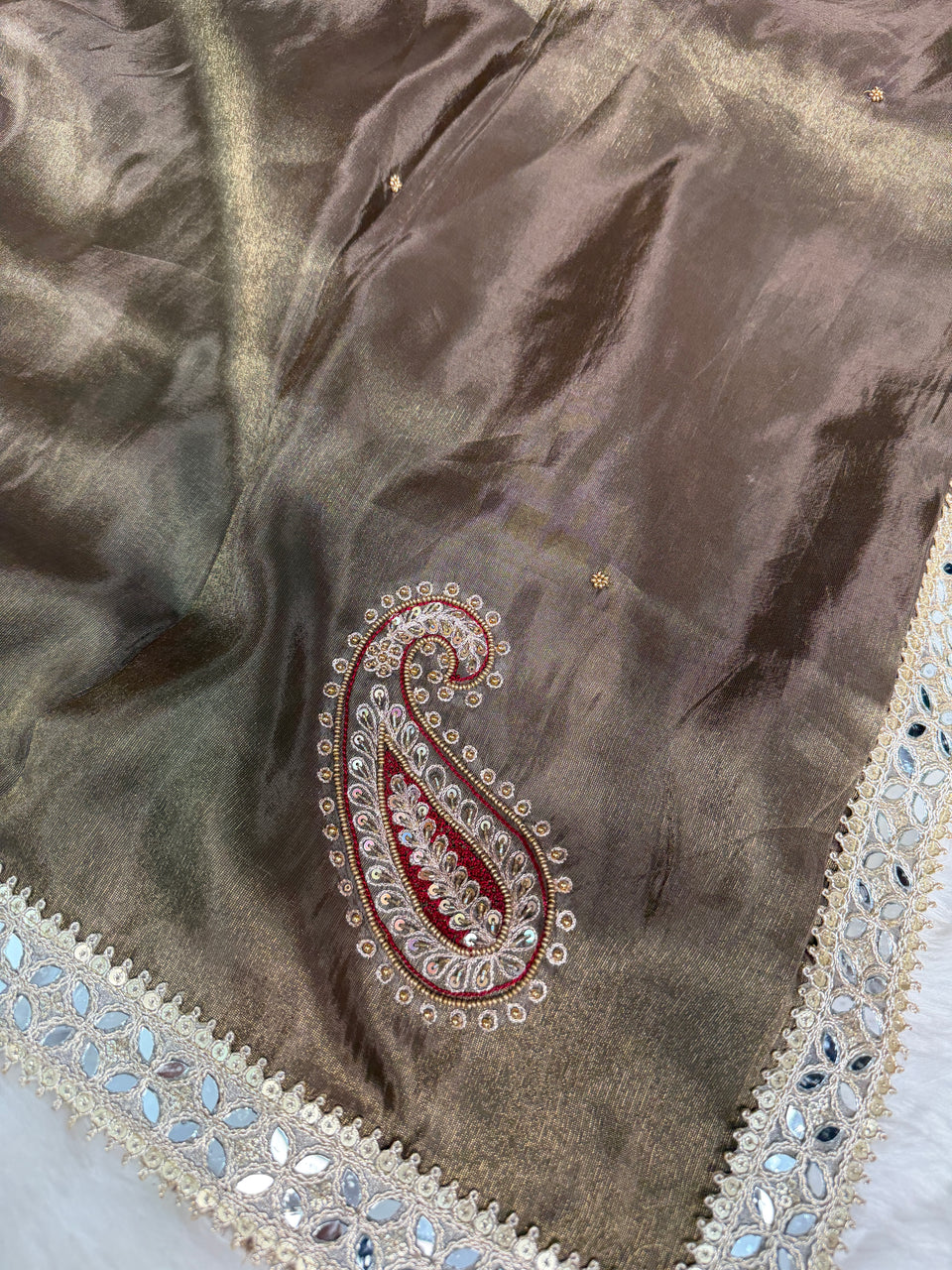 Garnet Brown Abroo Shimmery Tissue Handwork Saree | Carry Pattern