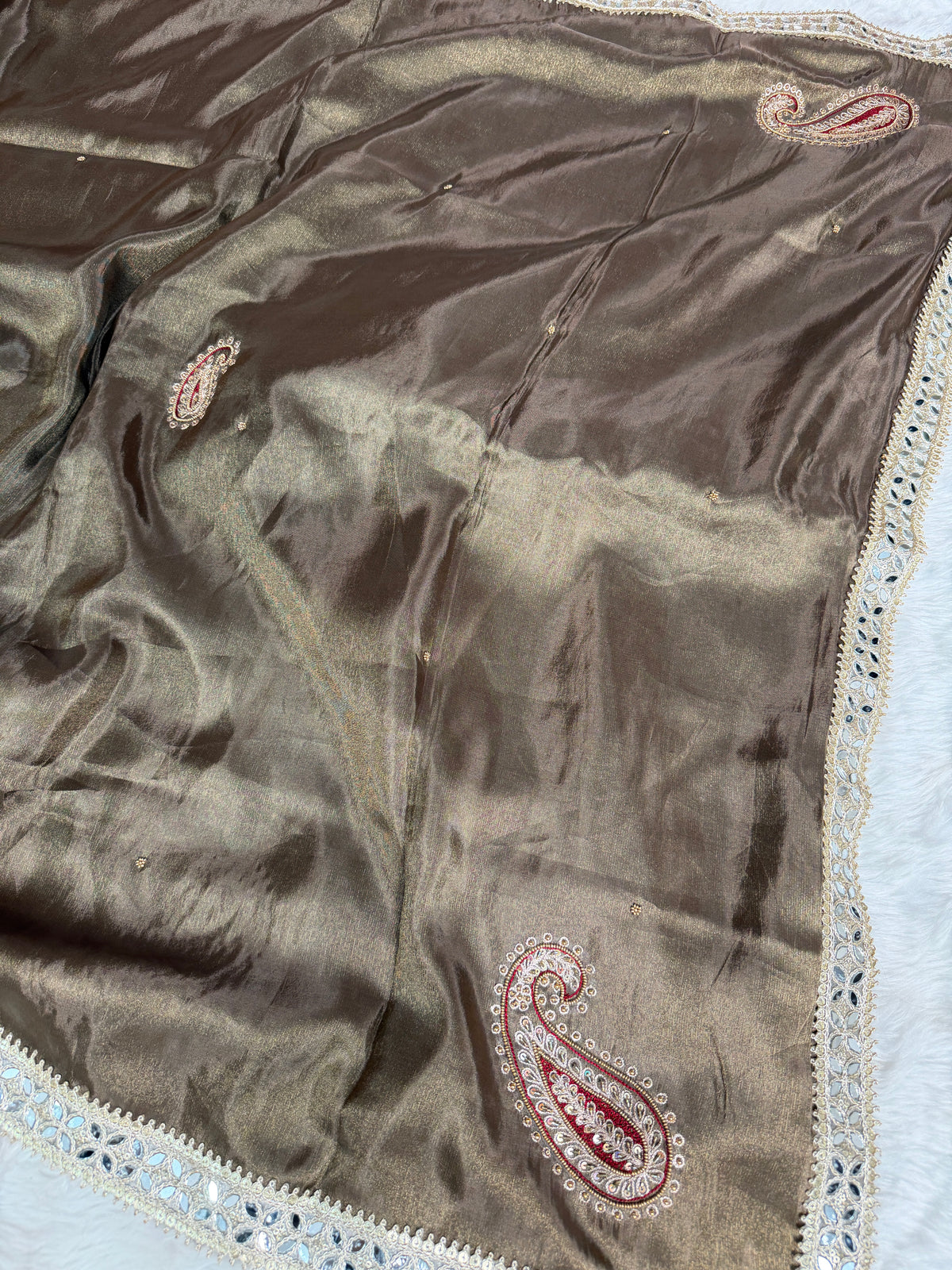 Garnet Brown Abroo Shimmery Tissue Handwork Saree | Carry Pattern