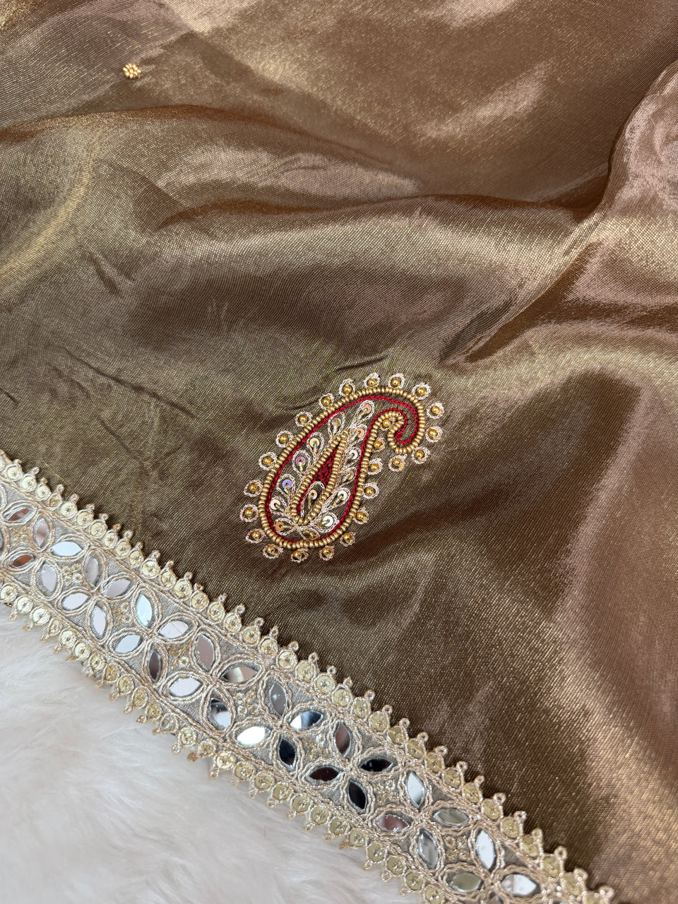 Garnet Brown Abroo Shimmery Tissue Handwork Saree | Carry Pattern