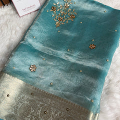 Aqua Blue Pure Tissue Silk Floral Gota Patti Zardozi Handwork Saree