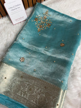 Aqua Blue Pure Tissue Silk Floral Gota Patti Zardozi Handwork Saree