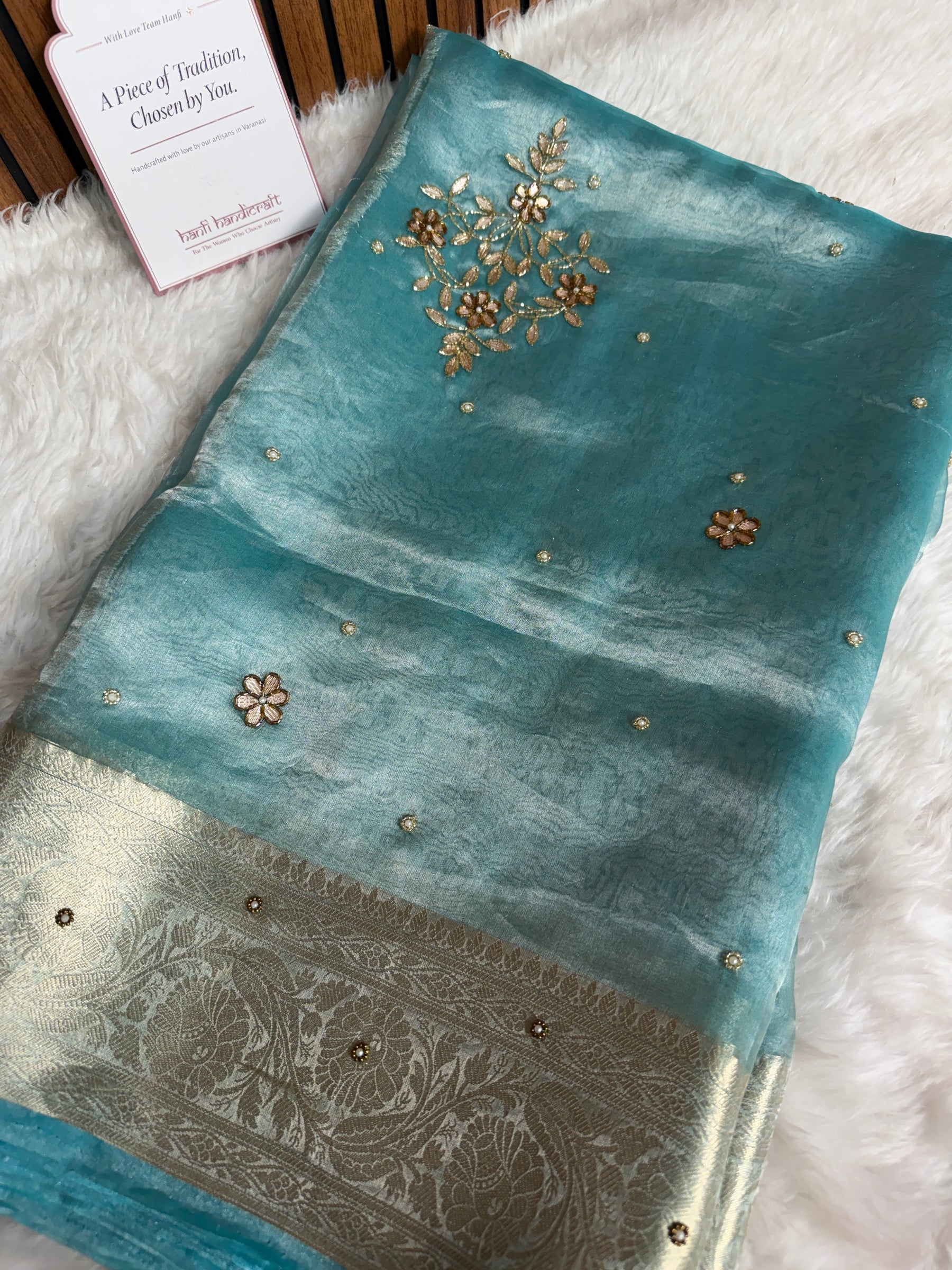 Aqua Blue Pure Tissue Silk Floral Gota Patti Zardozi Handwork Saree