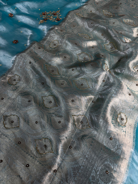 Aqua Blue Pure Tissue Silk Floral Gota Patti Zardozi Handwork Saree
